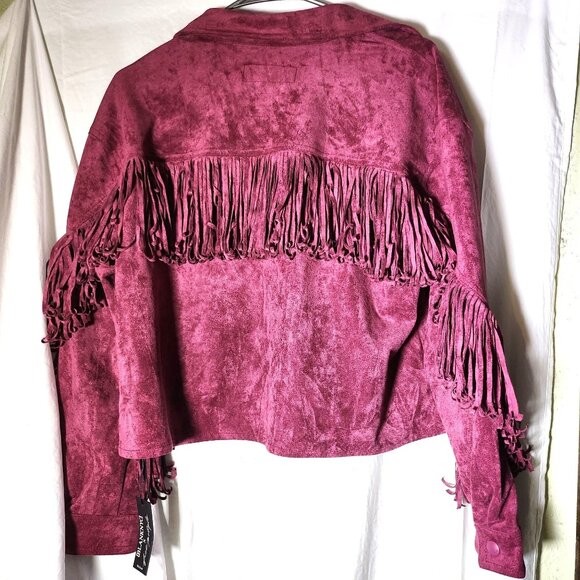 Blank NYC‎ Faux Suede Fringe Jacket Snap Closure & Chest Pockets Medium Burgundy - Picture 3 of 9